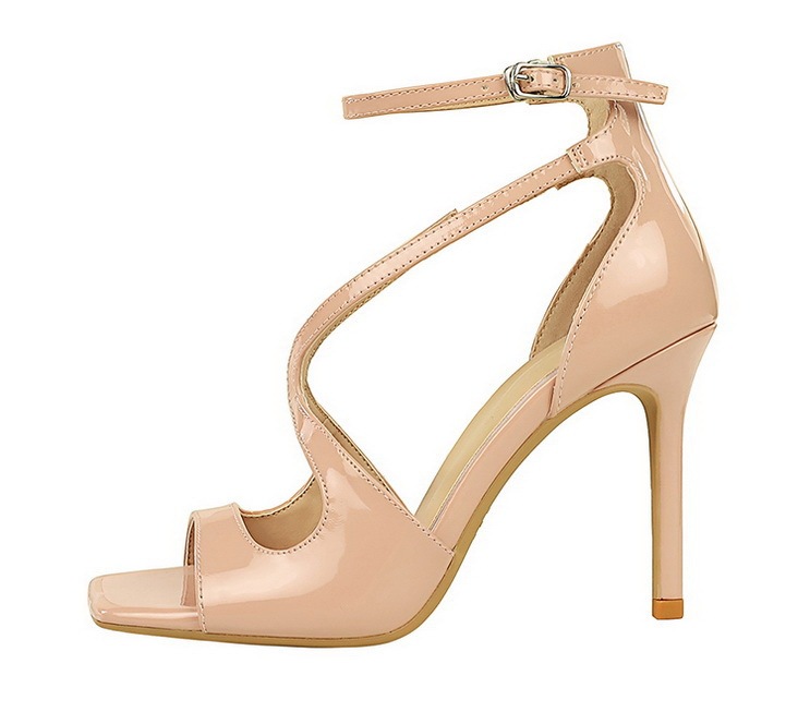 Sandal cao gót nữ mũi vuông quai ngang một chữ, da bóng, phong cách thanh lịch dự tiệc — màu đen, Màu nude