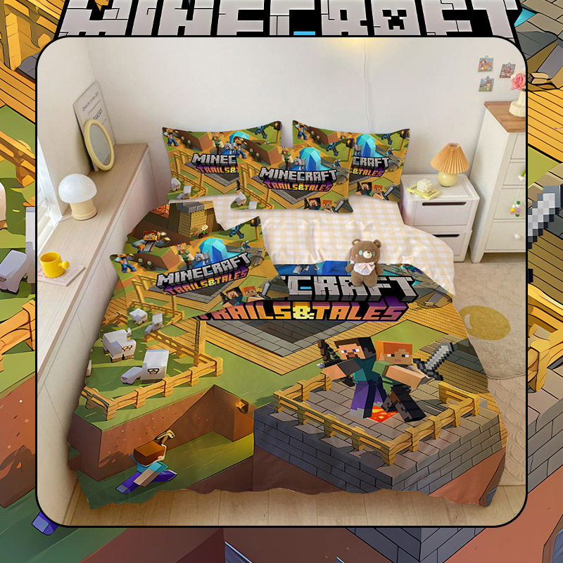 Minecraft Game All-Cotton Four-Piece Set Cartoon Steve Three-Piece Set Student Dormitory Home Bedroom Duvet Cover