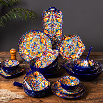 Bohemian Ceramic Dishes and Dish suit Underglaze Color Rice Bowl Home Retro Binaural Noodle Soup Bowl Advanced Dish Plate