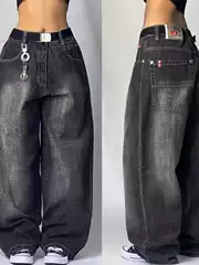 Black Grey Denim Wide Leg Pants Jazz Dance Pants American-style High Waist Retro Old Ins Niche Design Sense