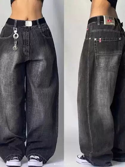 Black Grey Denim Wide Leg Pants Jazz Dance Pants American-style High Waist Retro Old Ins Niche Design Sense