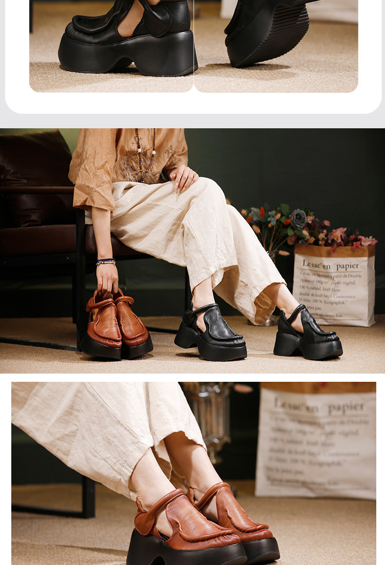 Sandal La Mã nữ da bò thật đế dày gót xuồng mũi tròn — màu đen, Màu nâu