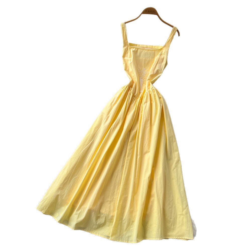 Yellow Lace Trim Maxi Dress for Women Summer Vacation Style Slim Fit High Waist Design Wholesale Available