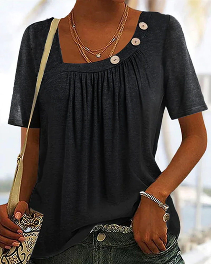 Womens Short Sleeve T Shirt Solid Color Button Detail Round Neck Summer Fashion Wholesale Available