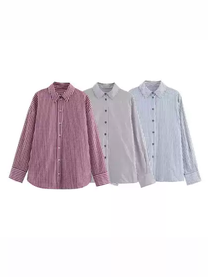 Foreign Trade Wholesale 2025 Autum Za Women's Fashion Versatile Stripesd Lapel Long-Sleeved Draped Shirt 4786261