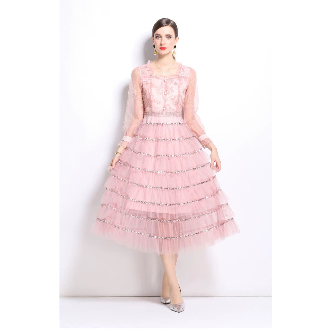 Elegant Long A Line Dress for Women Square Neck Sequin Patchwork High End Luxury Perfect for Formal Events and