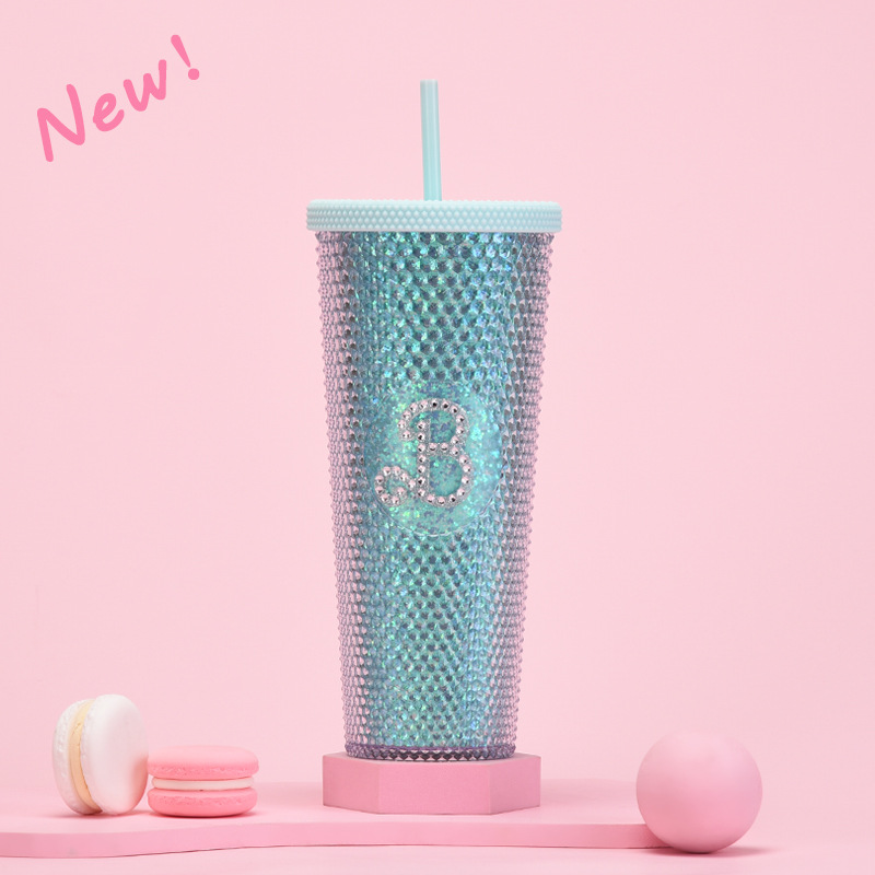 双层塑料吸管杯710ml大容量创意吸管杯扎手杯榴莲杯便携钻石杯