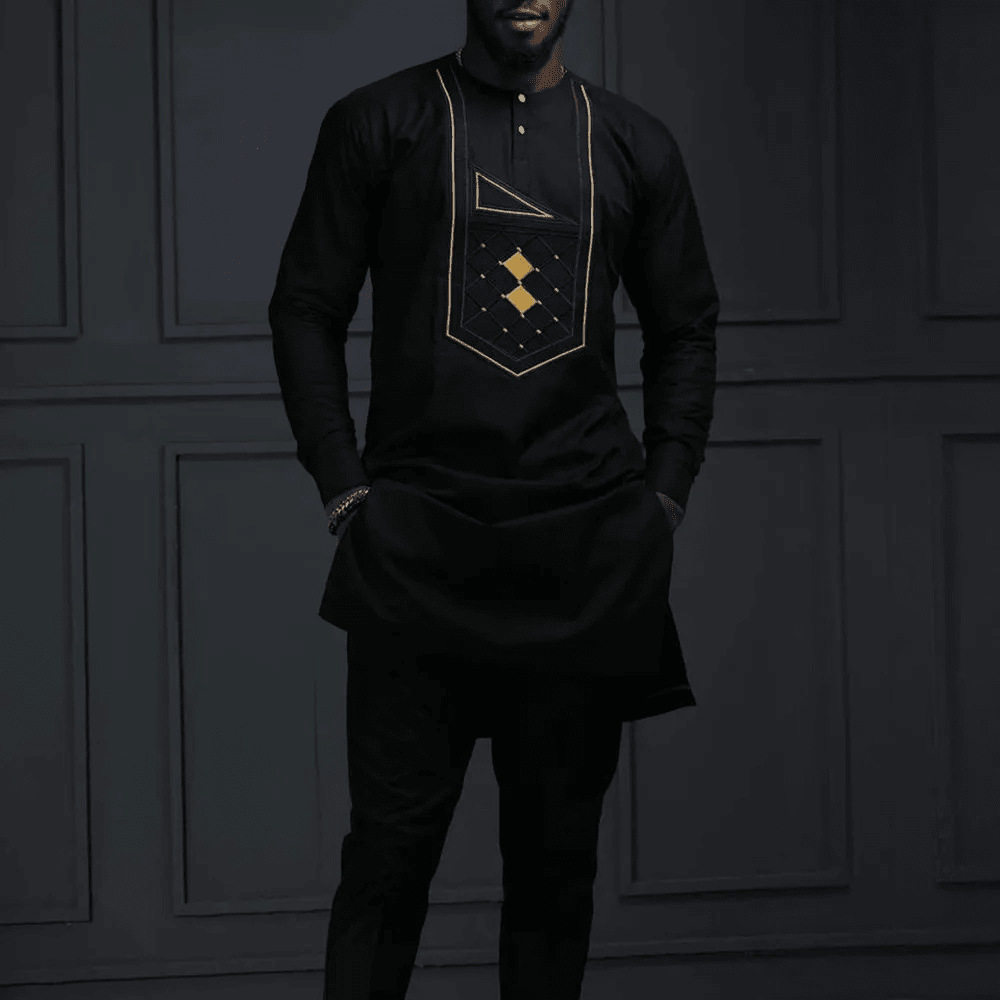 2023非洲民族风男士休闲套装2件套长袖纯色拼接衬衫和裤子套装