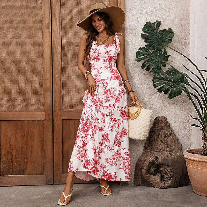 French Vacation Style Maxi Dress Vintage Floral Print Sleeveless Flowy Design Perfect for Summer Events Wholesale