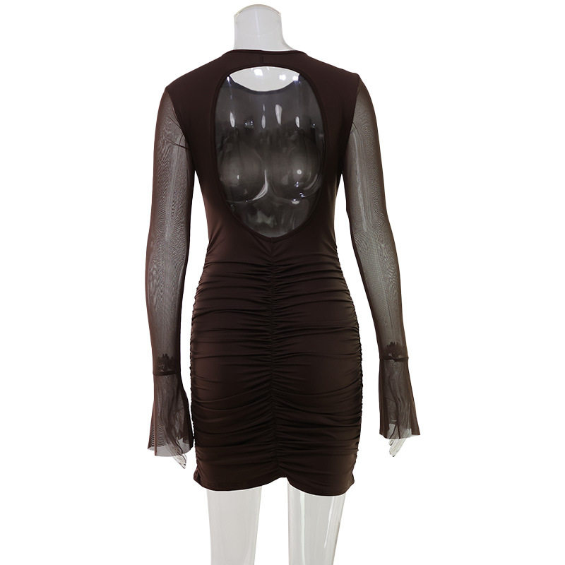Sexy Womens Hollow Back Mesh Panel Bodycon Mini Dress Lightweight Slim Fit Pleated Design Perfect for Parties and