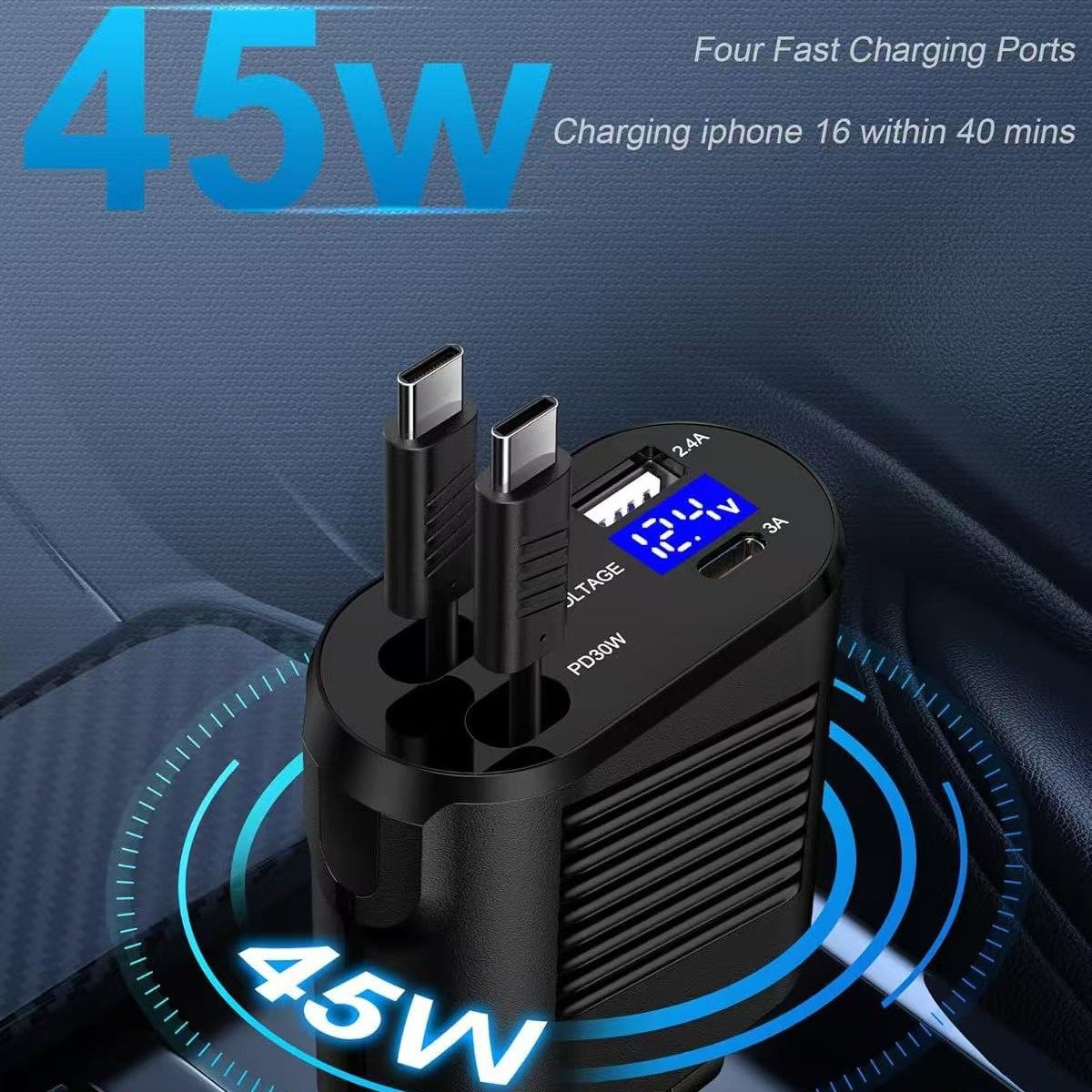 New Private Model Car Charger with Built-In Retractable Cable, 120W Fast Charging, 4-in-1 Adapter, High Current for Car Use