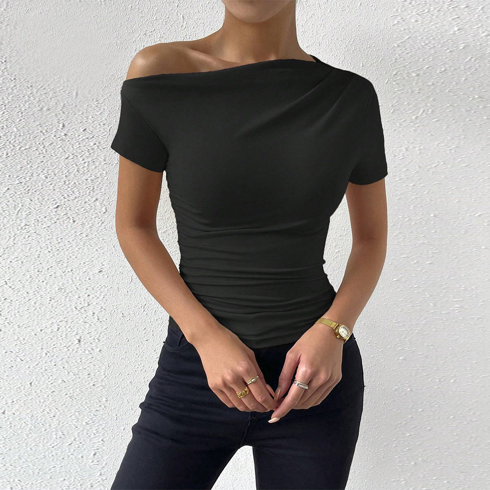 Womens Slim Fit Short Sleeve T Shirt Asymmetrical Neckline Solid Color Summer Style Wholesale Available