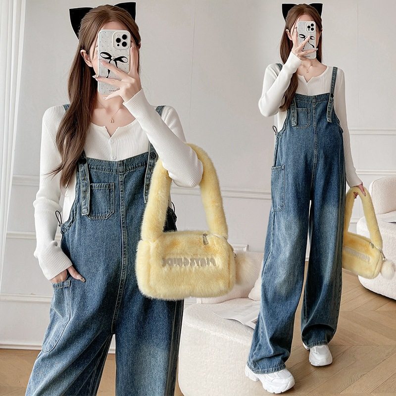 Real shot maternity clothing new style suspenders temperament drawstring pregnant women Denim suspenders knitted solid color bottoming shirt suit