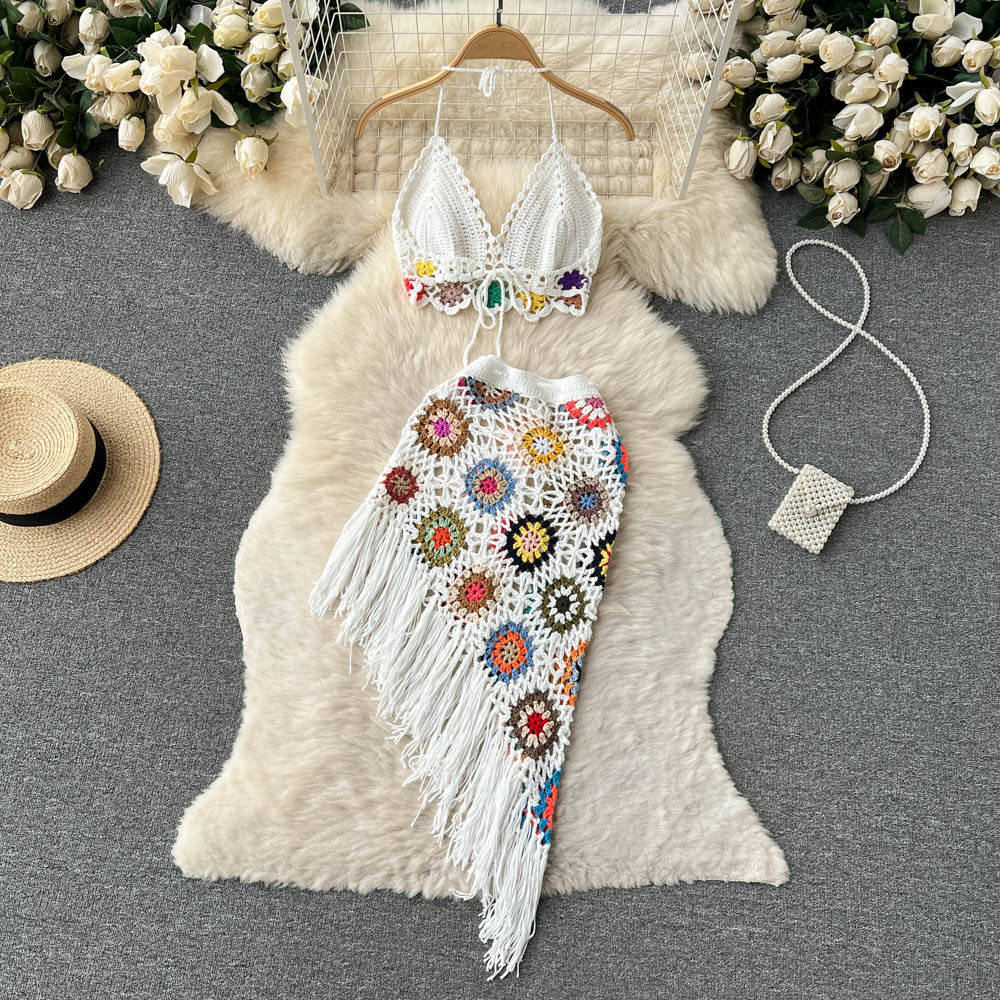 Summer Bohemian Knitted Hollow Crochet Neck V-Neck Tube Top + Irregular Skirt Two-Piece Suit
