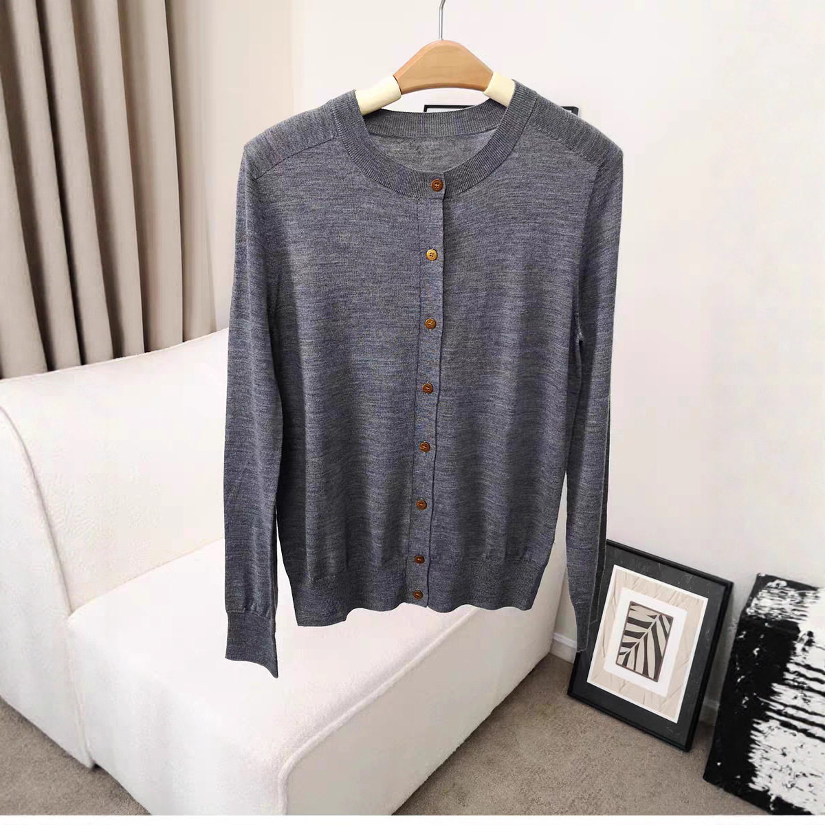 德国扬子纱100%美丽诺羊毛针织圆领开衫精纺60支外套秋冬薄款女25