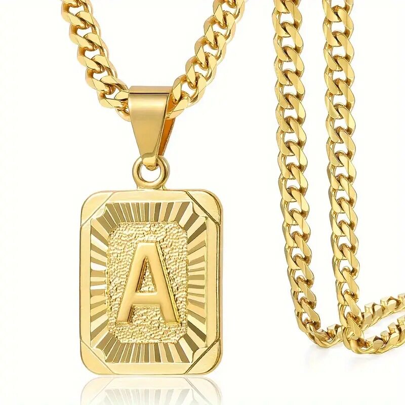 European and American Electroplated 18k Real Gold Cuban Chain Figaro Chain Square English Capital Letter Pendant Necklace