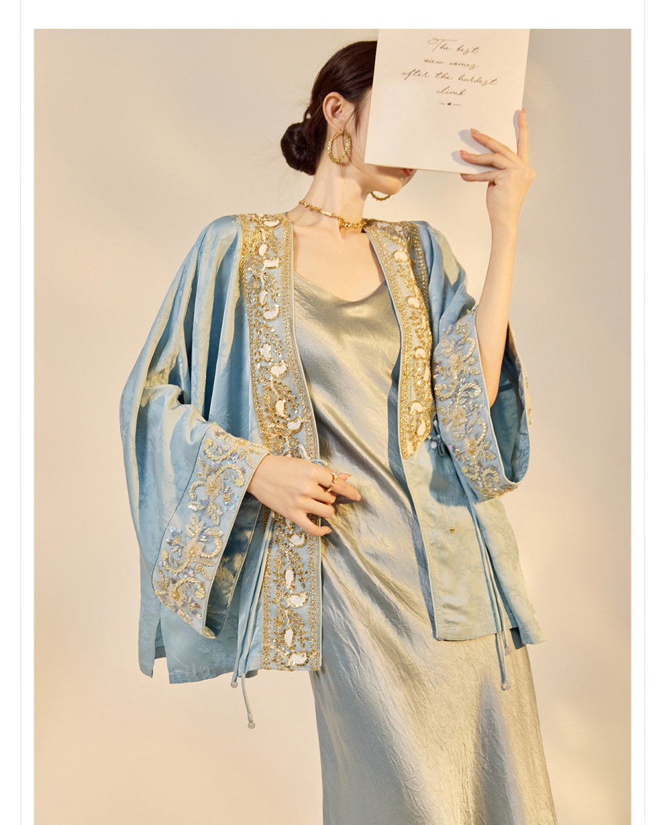 Áo khoác nữ thêu đính cườm dáng rộng cổ chữ V phong cách cổ điển — Jiyue Blue (Giao hàng trong ngày), Xanh Jiyue (giao hàng trong 7 ngày)