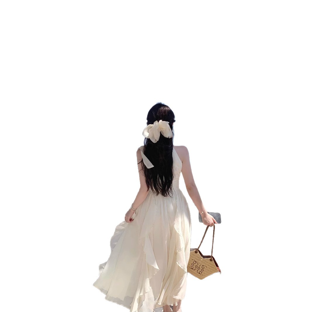 Sleeveless Halter Neck Dress Ruffled Hem Waist Defined French Style Perfect for Summer Events Wholesale Available