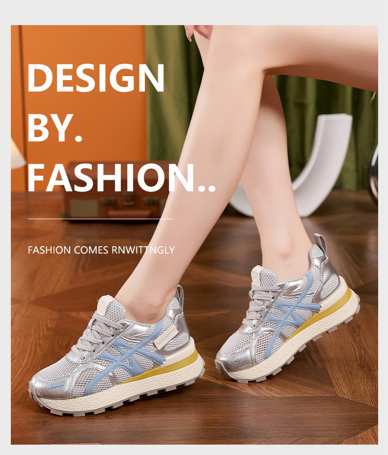 Giày sneaker nữ chunky đế dày lưới thoáng khí, tăng chiều cao — Gạo trắng, Vàng, Xanh dương chi tiết 10