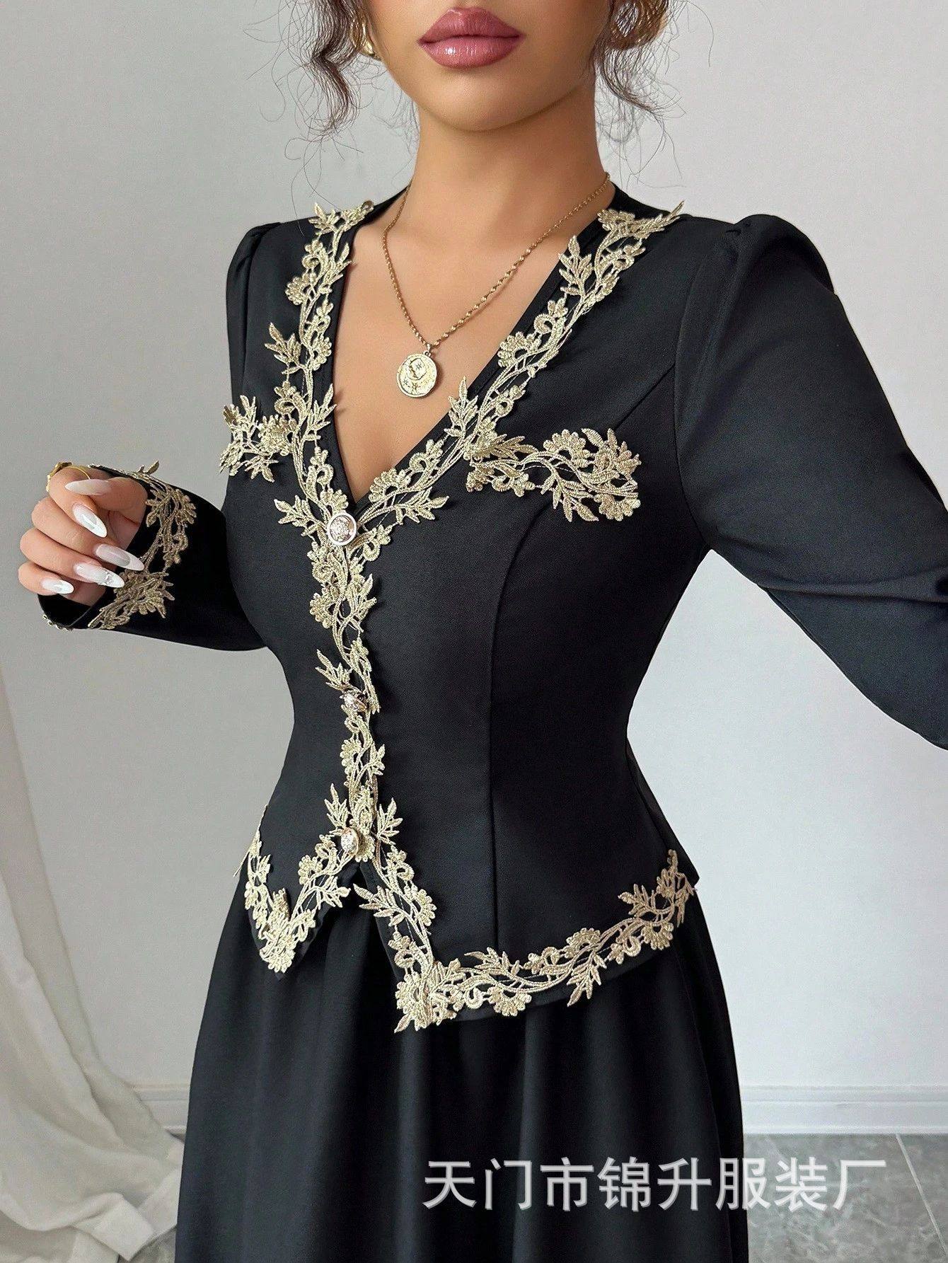 Cross-Border Export Women's Elegant V Neck Embroidered Waist Slimming Look Two-Piece Skirt Suit
