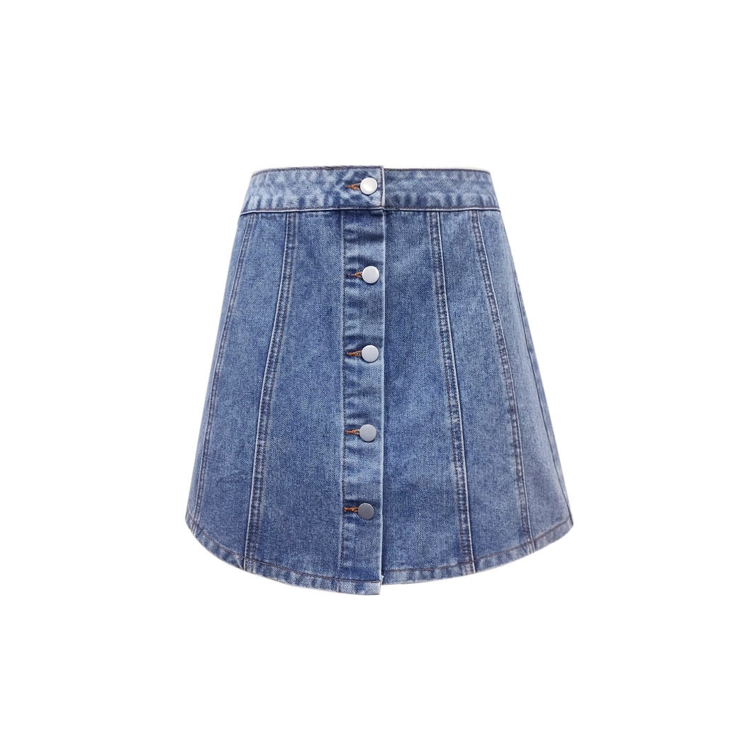 Womens Denim A Line Skirt Single Breasted Waist Defining Decorative Details Casual Wear Spring Summer Wholesale