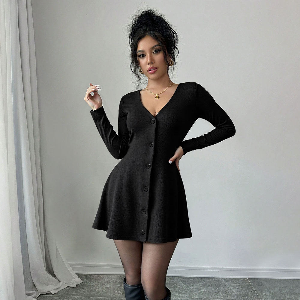 Womens Mini Dress Knitted V Neck Long Sleeve Solid Color Flared Hem Spring Summer Fashion Wholesale Available