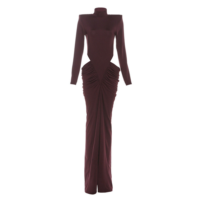 High Neck Long Sleeve Dress Solid Color Ruffled Design Hollow Out Elegant Style Perfect for Autumn and Winter