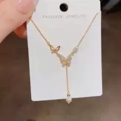 Korean-style Niche Design Sense Light Luxury Elegant Micro-inlaid Zircon Butterfly Hanging Pearl Necklace Female Elegant Clavicle Chain Necklace