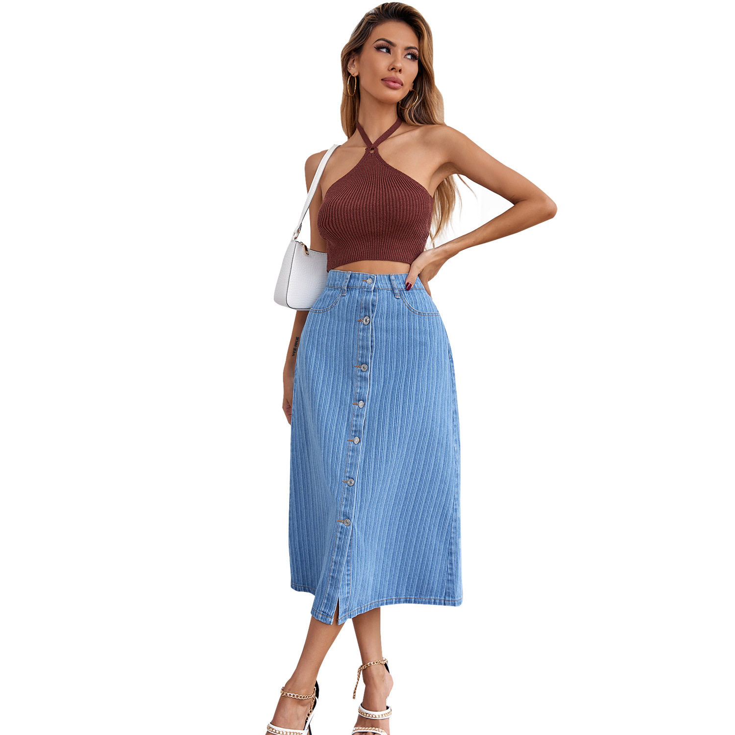 High Waisted Denim Skirt Flared A Line Casual Style Versatile Fit Perfect for Everyday Wear Wholesale Available