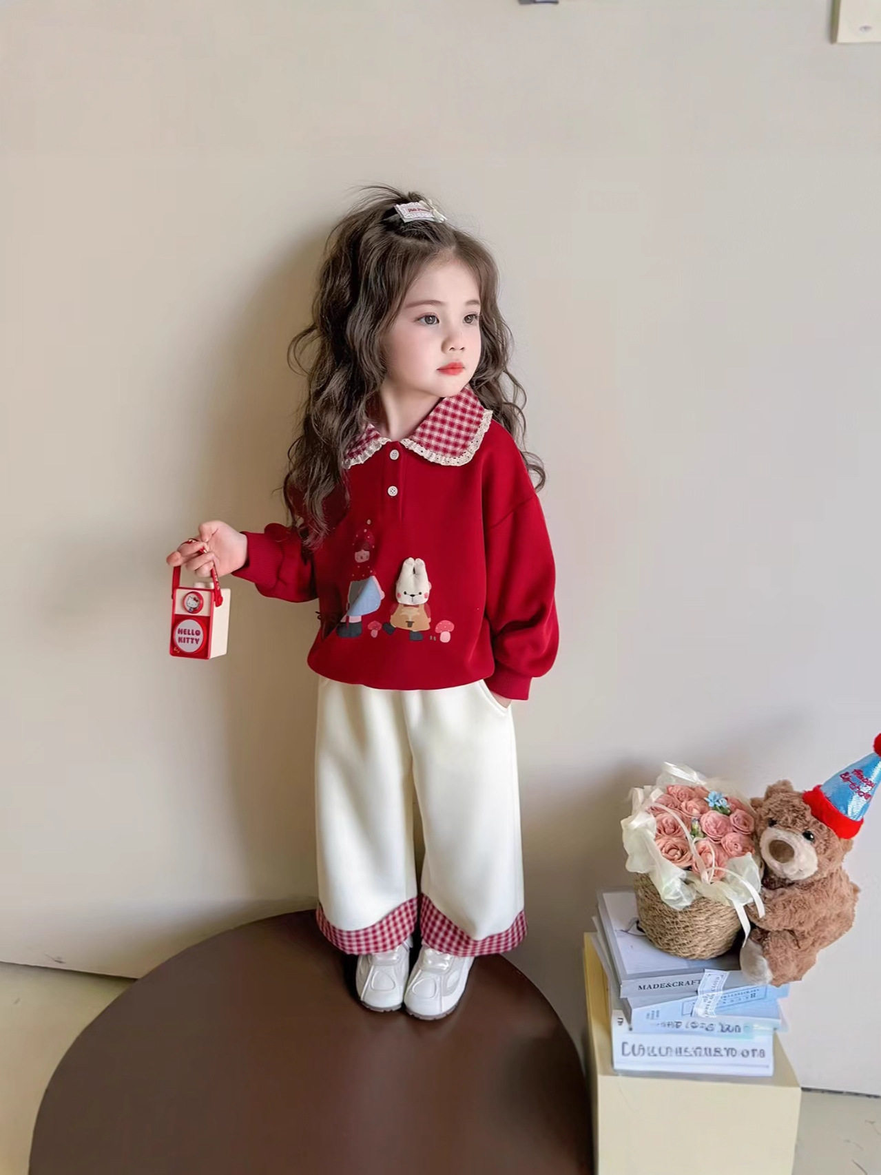 Girls' Hoodie Set, New Autumn Collection, Toddler Fall Mushroom & Bunny Print, Red Stylish Plaid Patchwork Color-Block Outfit