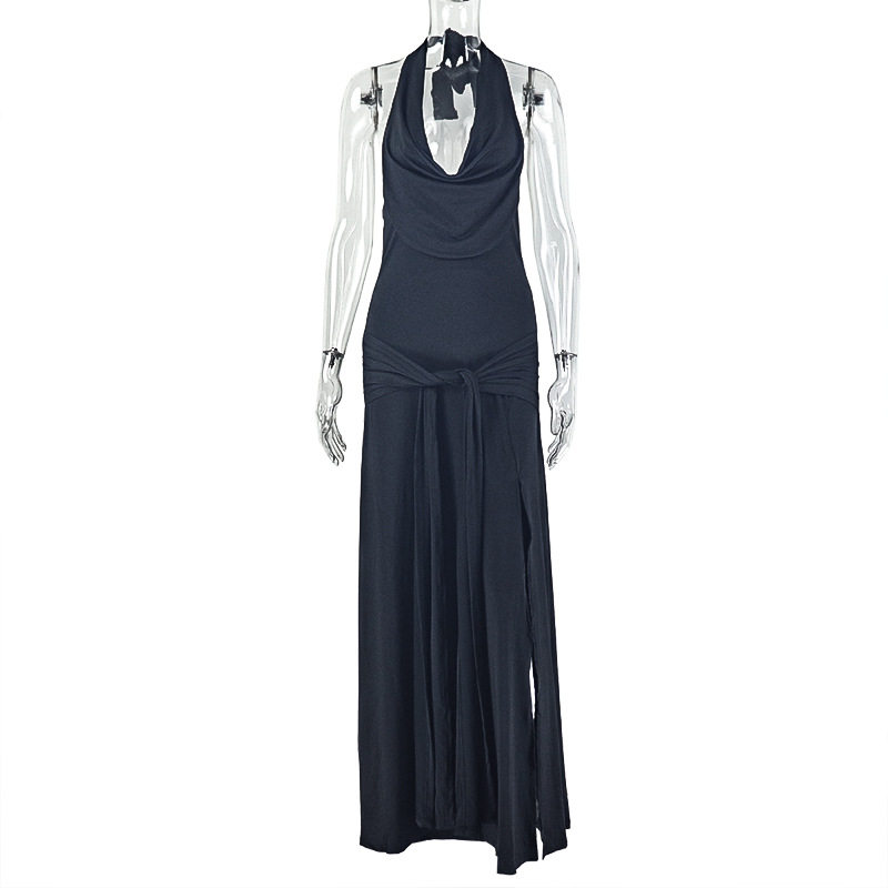 Elegant Solid Color Bodycon Maxi Dress with Side Slit Waist Cinching Design Ruffled Neckline Perfect for Parties and