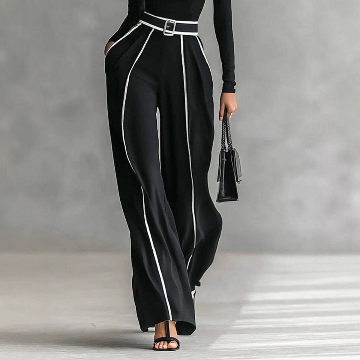 Womens Color Block Long Sleeve Top and High Waisted Wide Leg Pants Set Winter Collection Casual Chic Style Wholesale