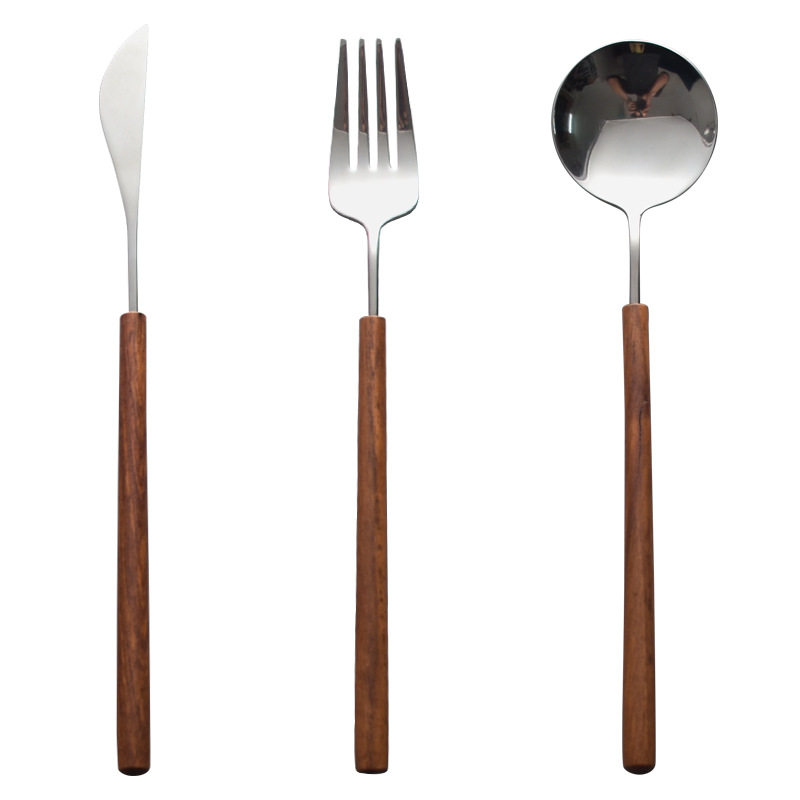 Japanese-style pear wooden handle western tableware knife, fork and spoon three-piece set 304 stainless steel household spoon fork