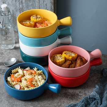 Ceramic Handle Baking Bowl Instant Noodle Bowl Microwave Baking Pan Dish Plate Household Tableware Oven Baking Cheese Baked Rice Plate Poly