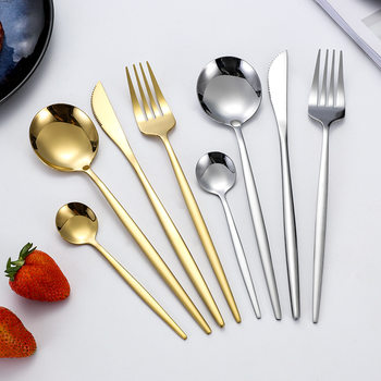 Stainless Steel Tableware Knife, Fork and Spoon Set Hotel Western Steak Knife and Fork Dessert Spoon Portuguese Series Golden Spoon