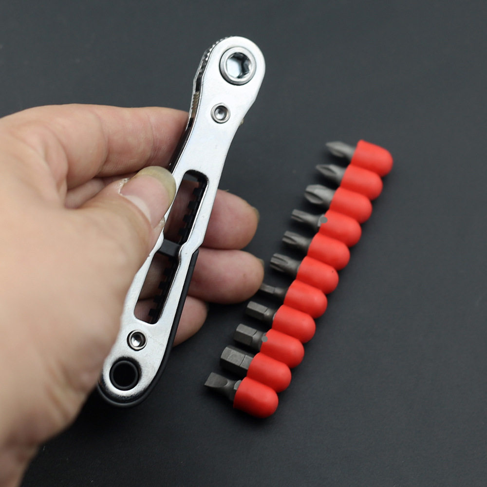 超薄平头双向棘轮螺丝刀套装弯头直角批头套筒工具狭窄用手动