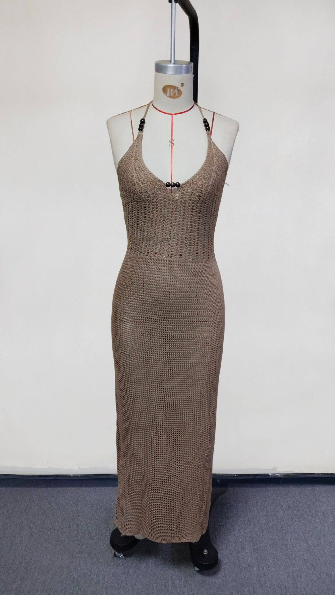 2025年新品!!欧美春季女装针织性感V领挂脖露背沙滩裙女