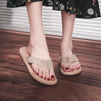 Straw Woven Flat Slippers Women's Summer Fashionable Hemp Rope Flip-Flops Non-Slip Beach Shoes INS Simple Sandals
