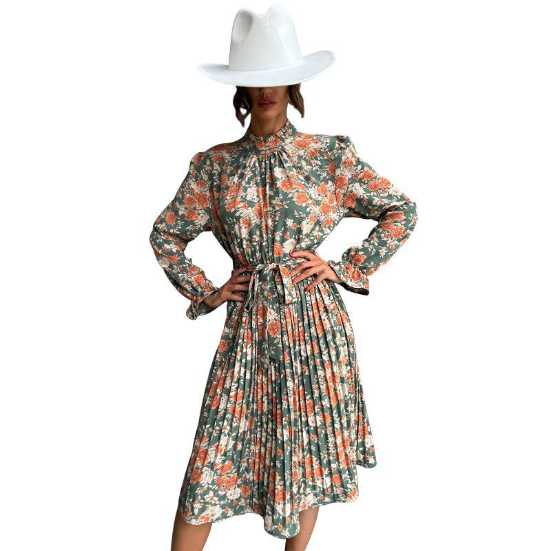 Floral Long Sleeve Midi Dress High Neck Elegant Design Trendy Style Perfect for Parties and Events Wholesale