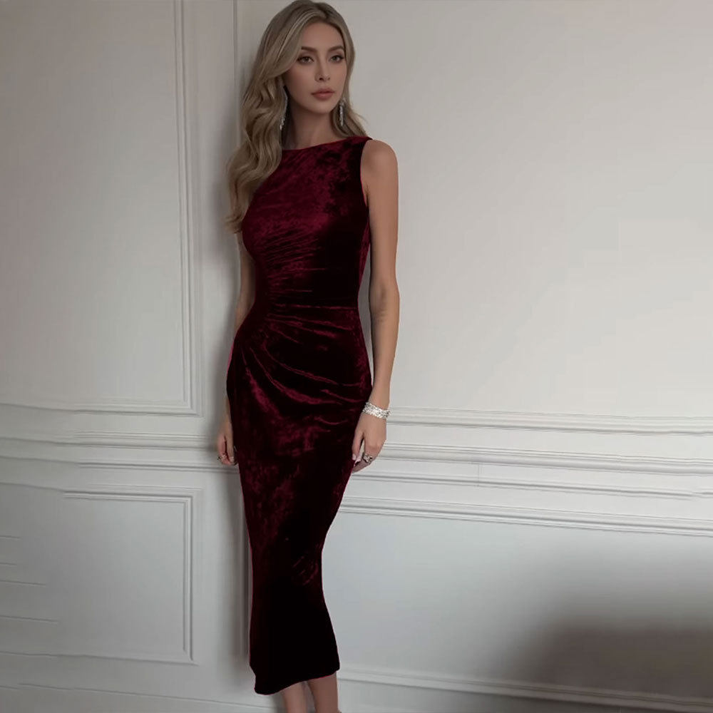 Elegant French Style Velvet Midi Dress for Women Summer Fashion High Quality Sophisticated Look Wholesale Available