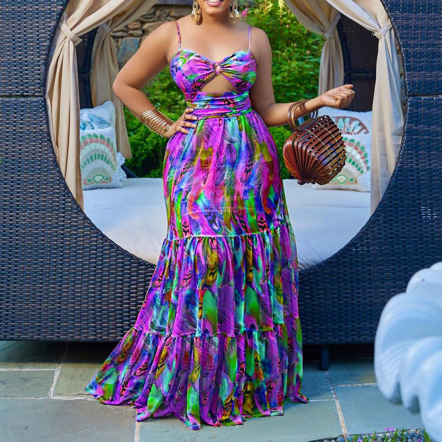 Sleeveless Floral Print Maxi Dress Sexy Backless Design Elegant Summer Wear Wholesale Available