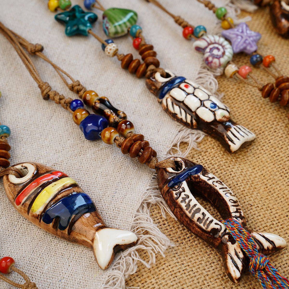 Jingdezhen Ethnic Style Personalized Trendy Ceramic Geometric Colorful Fish Long Pendant Necklace High-End Versatile Autumn and Winter Style