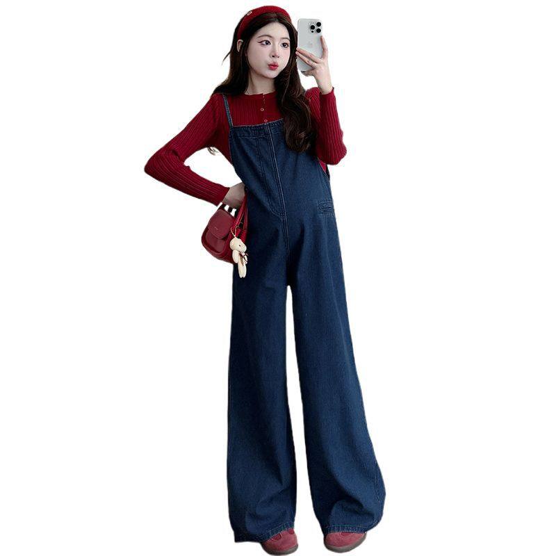 Unmun Maternity Overalls Spring and Autum New Retro Casual Front and Rear Two-Wear Wide-Leg Jeans Sweater Bottoming
