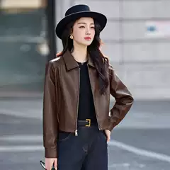 2026 Spring New Arrival Lapel Leather Jacket Coat for Women, Loose Fit Short Length Retro Commuter Casual Brown Cafe Style