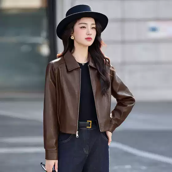 Women's Leather Jacket with Lapel Collar, 2026 Spring New Style, Loose Fit, Petite, Vintage, Versatile, Short, Coffee Color Jacket