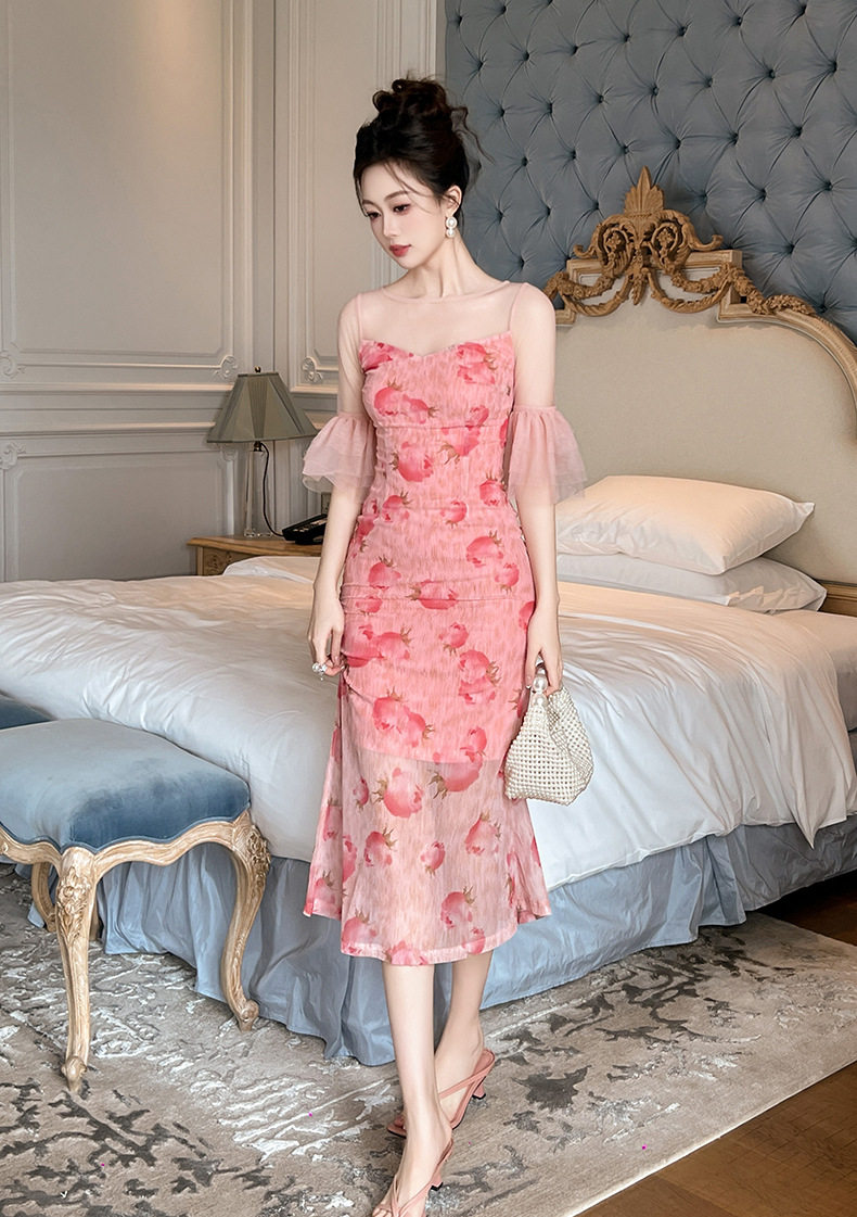 Đầm ôm body nữ tay loe họa tiết hoa phong cách Pháp — [Hồng] chi tiết 4