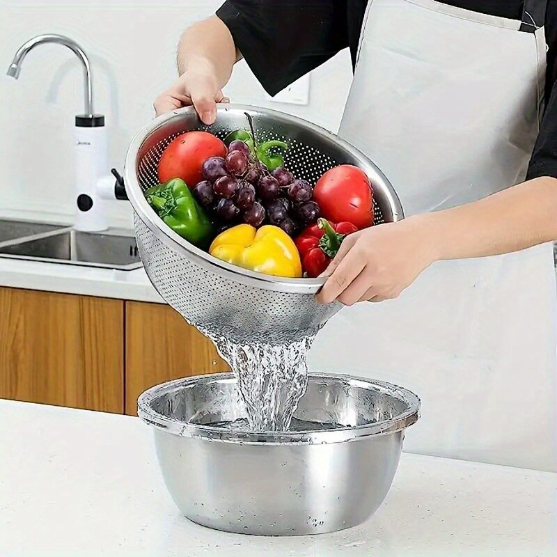 Stainless Steel Draining Basket for Washing Vegetables, Kitchen Household Fruit Washing Basket, Rice Washing Basin, Sieve, Thickened and Basin Hanging