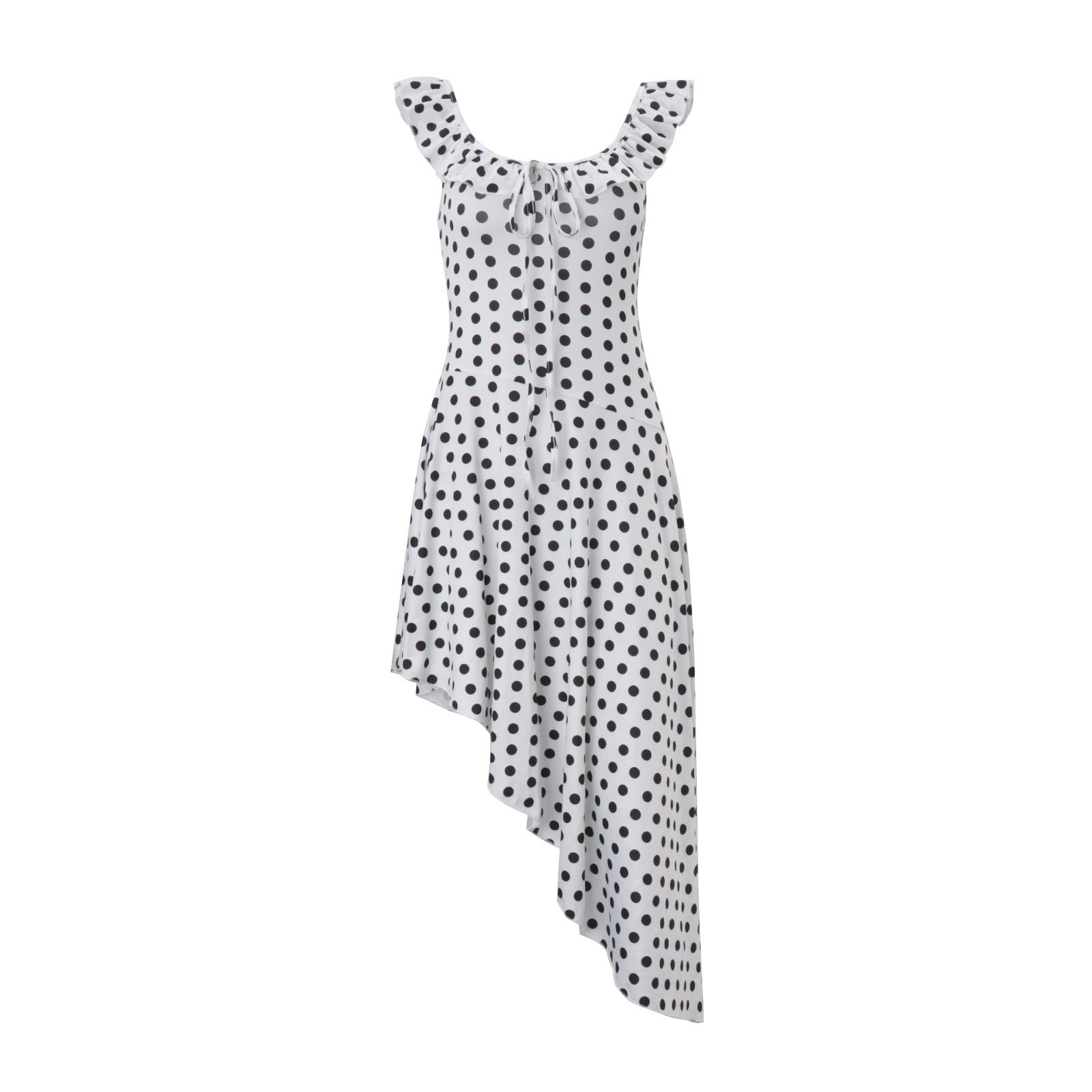 Womens Summer Dress Slim Fit U Neck Ruffle Hem Polka Dot Asymmetrical Design Perfect for Casual Outings