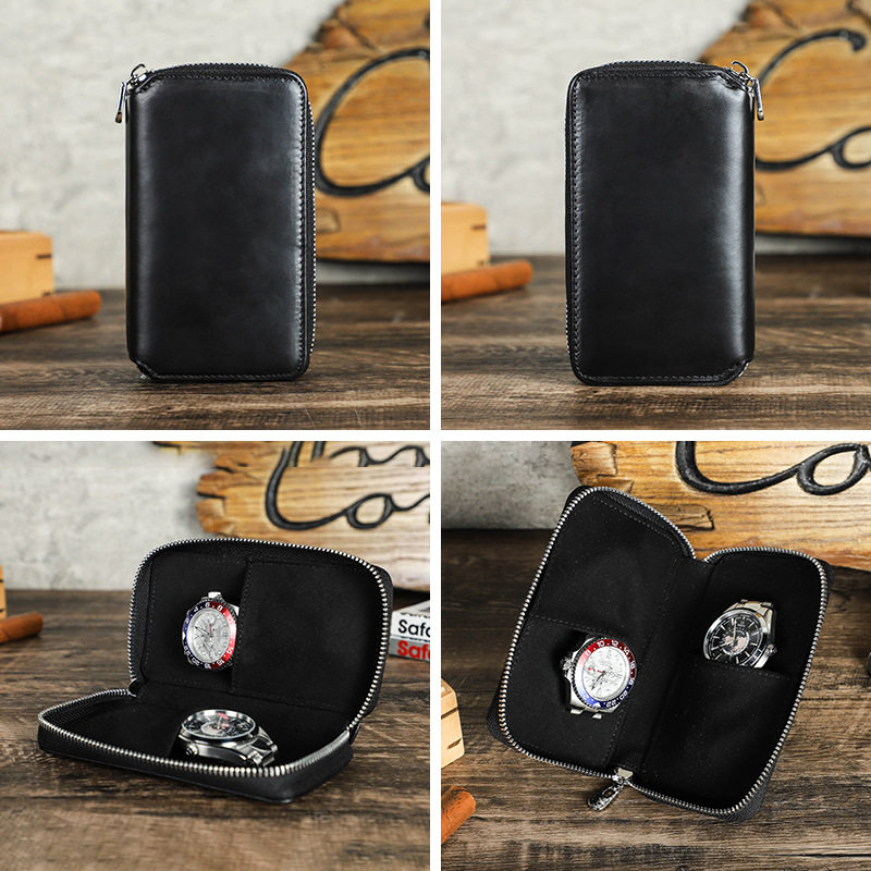 Black Waxed Cowhide Watch Case Two-Position Outdoor Travel Zipper Portable Genuine Leather Couple Watch Storage Bag