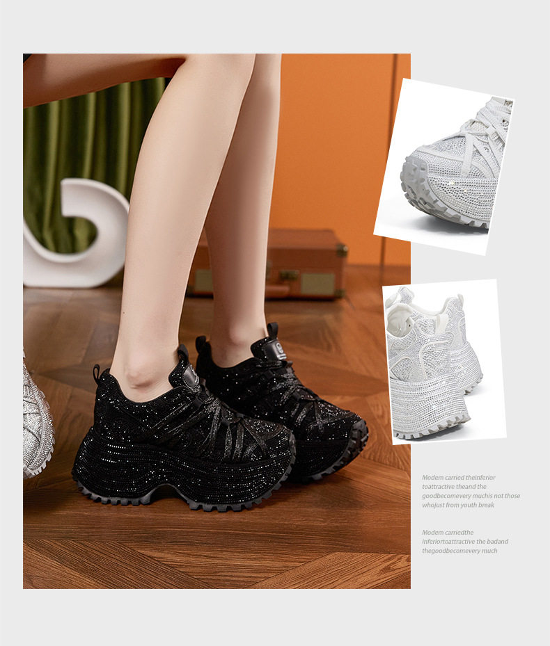 Sandal cao gót nữ hở mũi quai ngang đế dày, gót siêu cao 8 cm, phối đá lấp lánh — Đen, Bạc, Trắng chi tiết 3